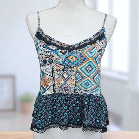 Lush Boho Patchwork Peplum Tank ✦ Scalloped Lace Trim ✦ Cottagecore Festival M - Picture 2 of 10